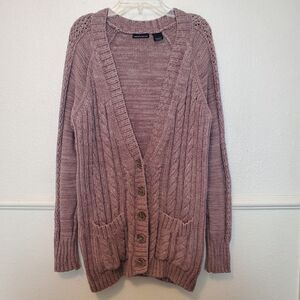 Moda International Chunky Cable Knit Cardigan Deep V Neck Button Front Sz M